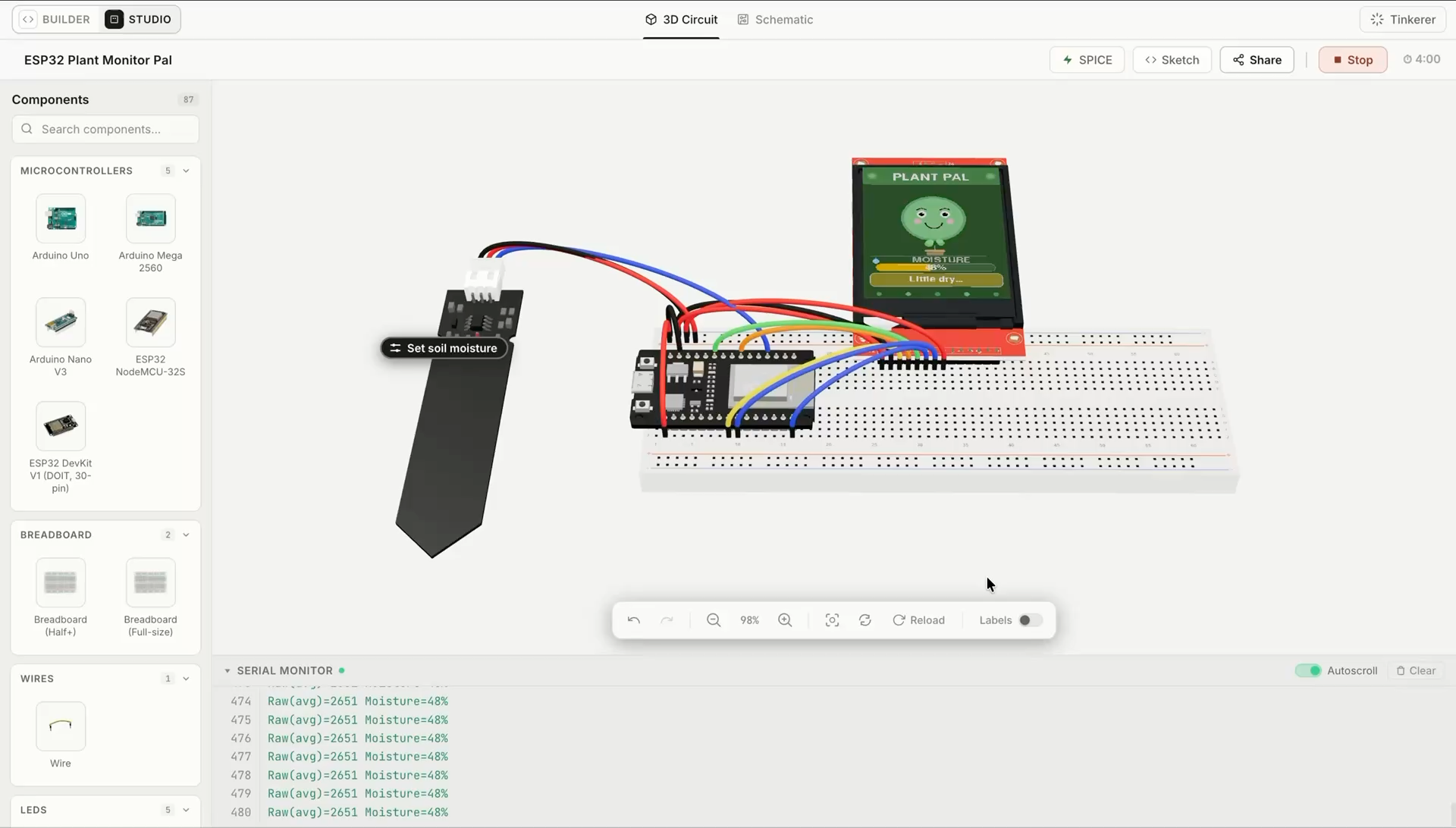Tinkered 3D circuit simulator running an ESP32 plant monitor, with a component palette of Arduino and ESP32 boards, a breadboarded circuit wired to a soil moisture probe and a 2.8-inch TFT reading 48% moisture, and live serial monitor output